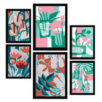 POSTER Set Mit 6 Pinkes Grün In Blume Zusammenfassung Ästhetische Dekorative Gemälde Für Ihr Wohnzimmer Schlafzimmer Zuhause A3 & A4 Schwarzer Rahmen - Schwarz, Papier (29/3cm) - Nacnic