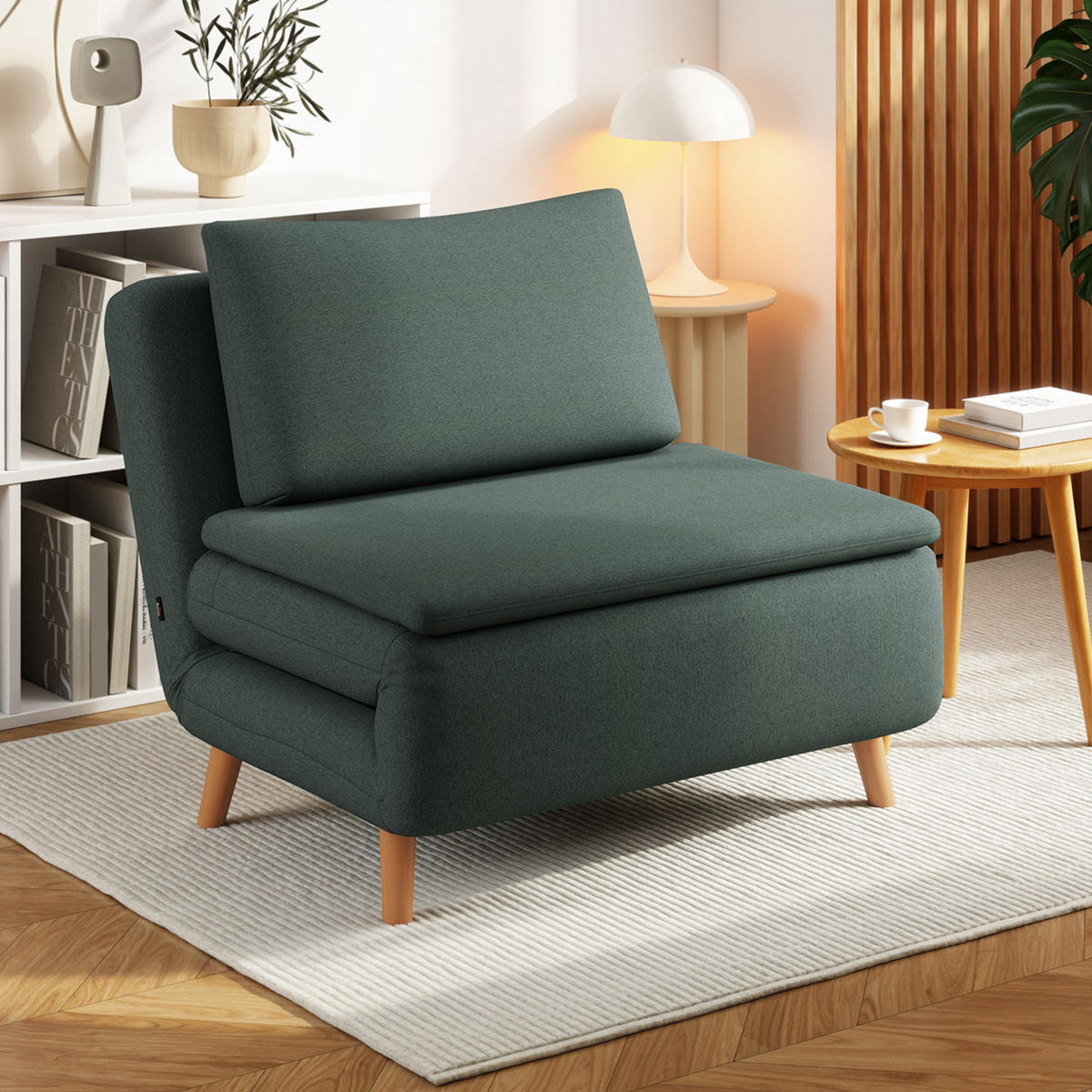 SCHLAFSESSEL 3-in-1 Sessel Bett-Funktion, verstellbare Rückenlehne - Dunkelgrün/Buchefarben, Buchenholz/Textil (90/80/95cm) - HOMCOM