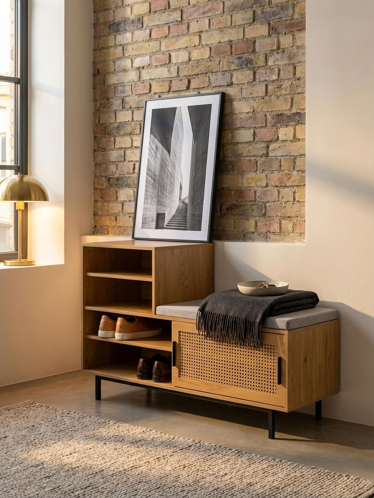 SCHUHBANK – Eiche-Dekor, 120x75,5x40 cm, Rattan-Elemente, Sitzbank gepolstert - Schwarz/Braun, Textil/Metall (120/76/40cm) - KADIMA DESIGN