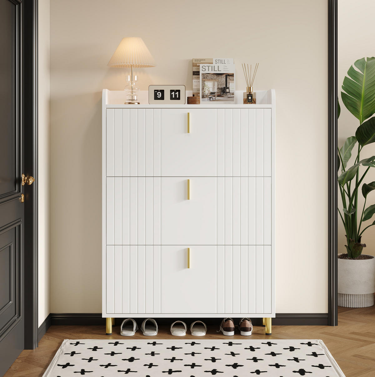SCHUHSCHRANK aus MDF 80x23x123.5cm in Weiß mit 3 Klappen - Weiß, Holzwerkstoff (80/123.5/23cm) - Modfu