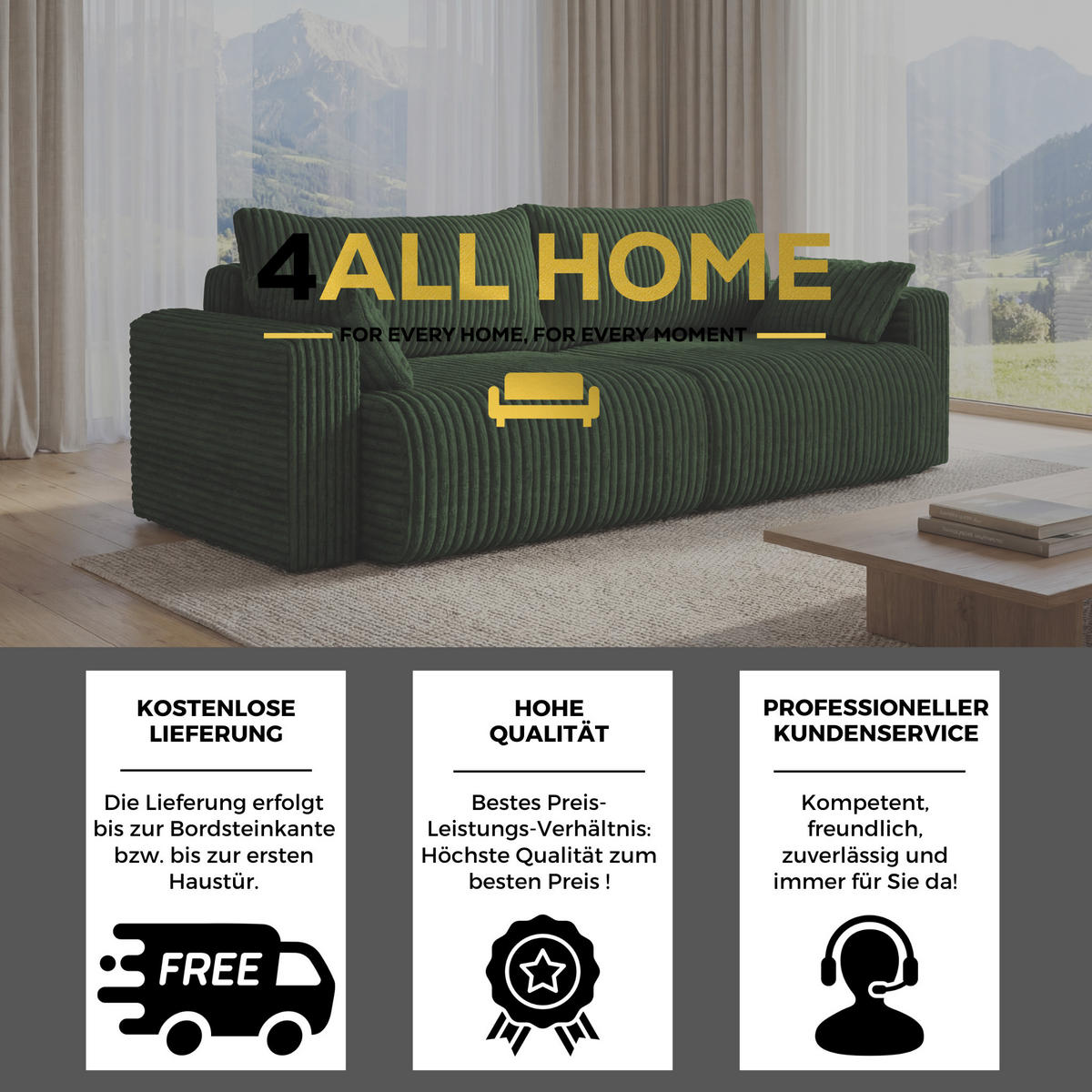 SOFA Kola mit Bettkasten und Schlaffunktion, Cordstoff - Dunkelblau, Holzwerkstoff (244/85/95cm) - 4ALL HOME