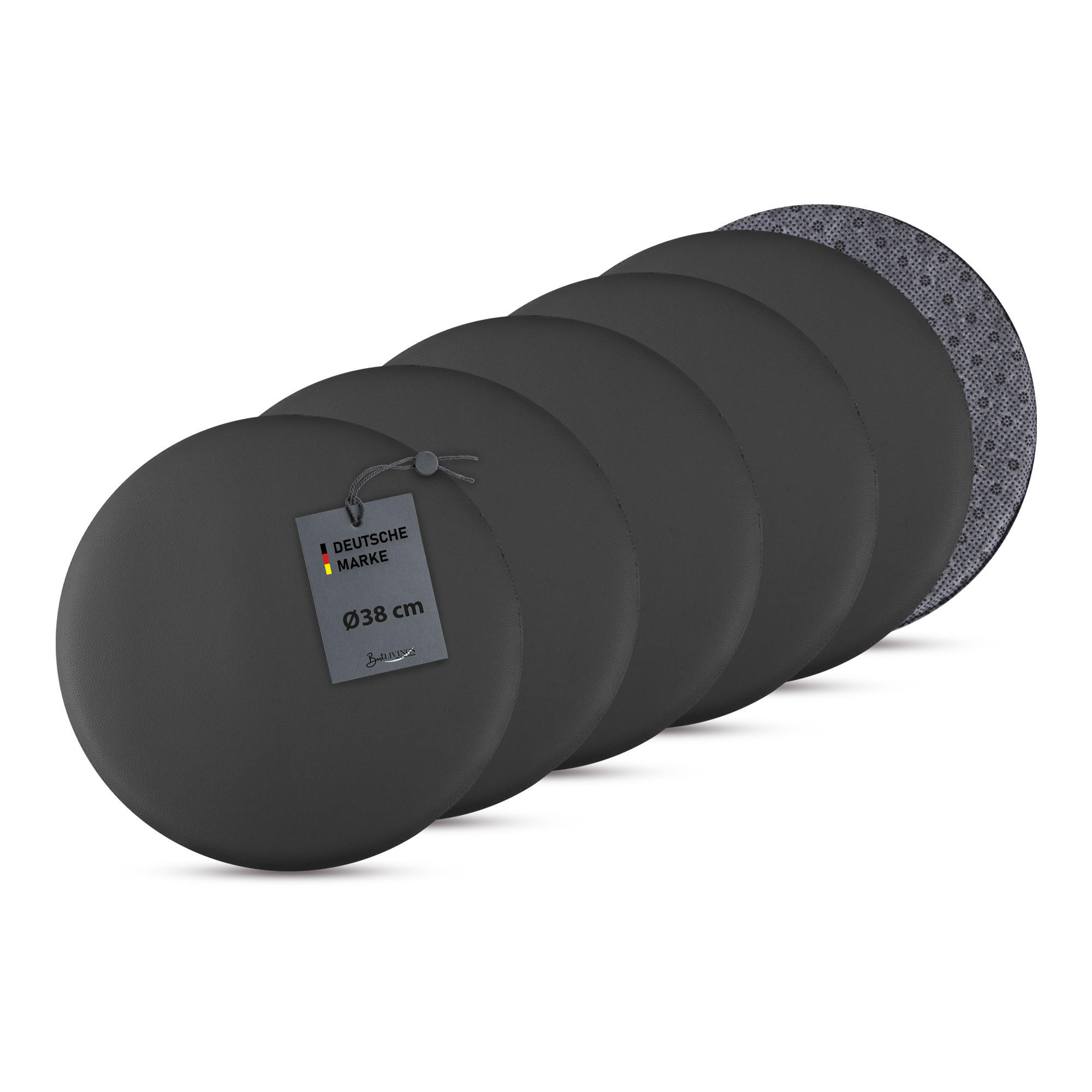 STUHLKISSEN 6er Pack ⌀ 38cm schwarz Lederimitat mit Antirutsch - Schwarz, Textil (38/38/1cm) - Bestlivings