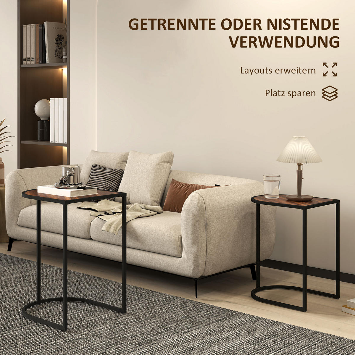 COUCHTISCH 2er-Set, Stahlgestell, Braun+Schwarz - Braun, Holzwerkstoff (38/45/58cm) - HOMCOM