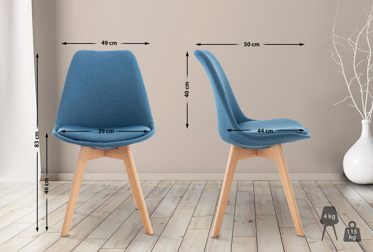 STUHL 4er Set Stoff blau - Blau/Eukalyptusholzfarben, Holz/Textil (49/83/50cm) - CLP