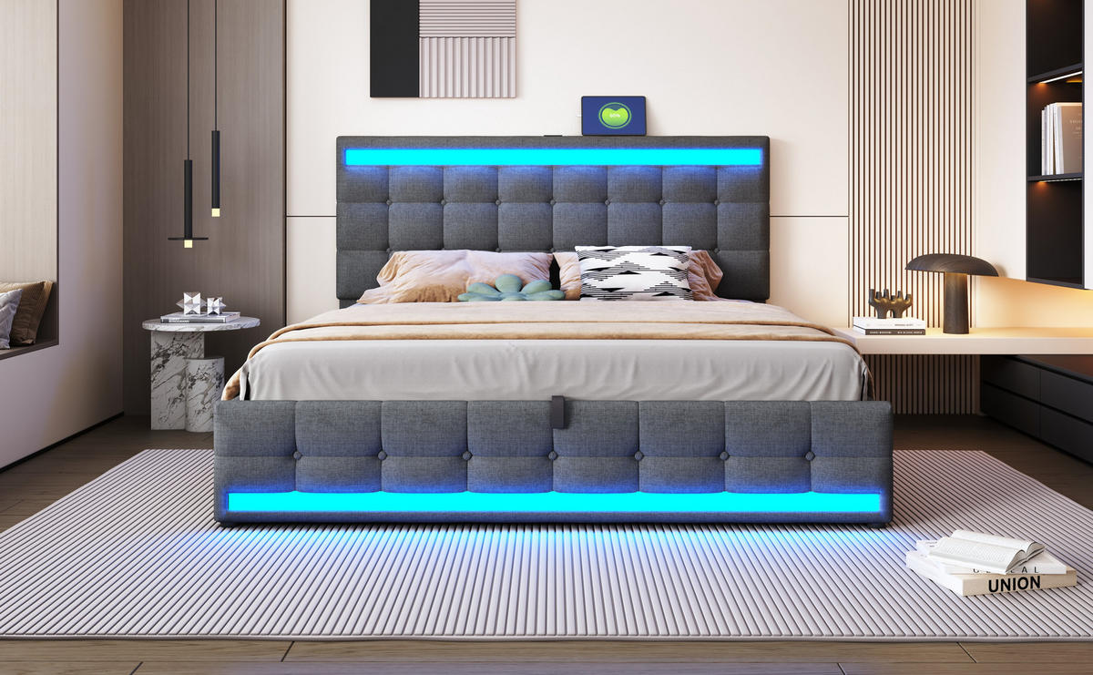 POLSTERBETT 180x200 cm mit LED, 4 Schubladen, Lattenrost, Grau - Grau, Holz (180/200cm)