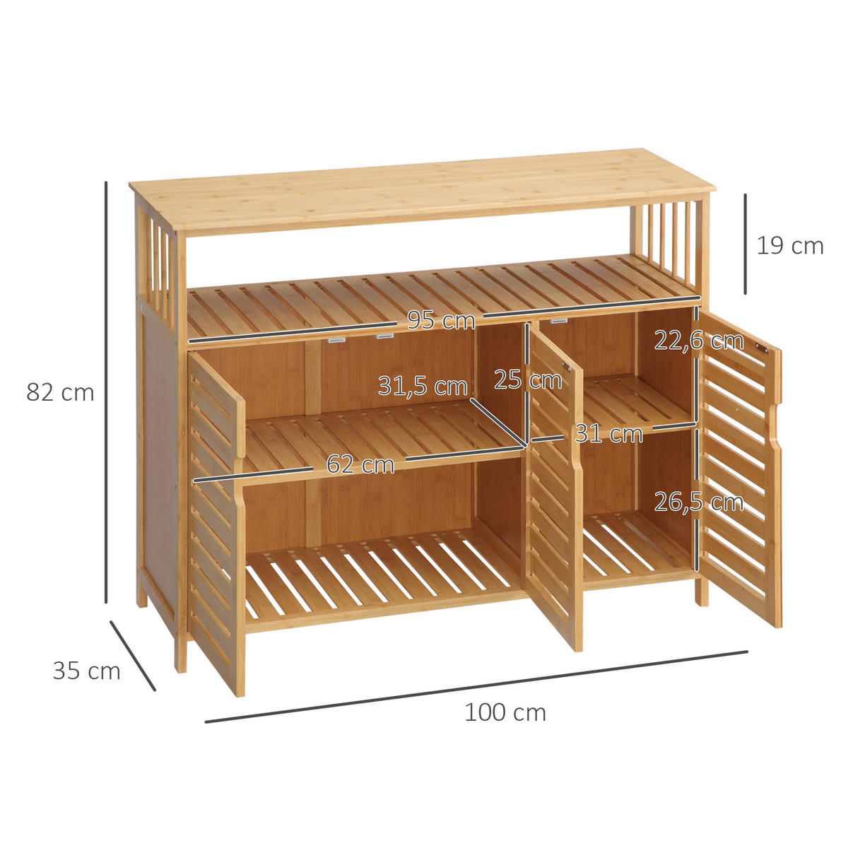 SIDEBOARD Bambus, 3 Türen, 100/35/82 cm - Naturfarben, Holz (100/82/35cm) - PANGIVO