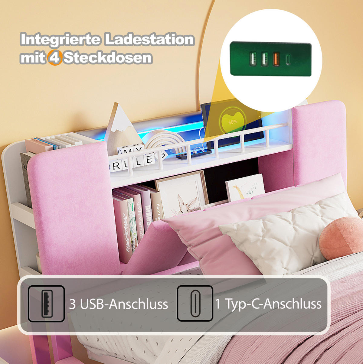 POLSTERBETT 90/200 cm Pink mit LED-Beleuchtung und Stauraum aus Samt - Rosa, Textil (90/200cm) - OKWISH