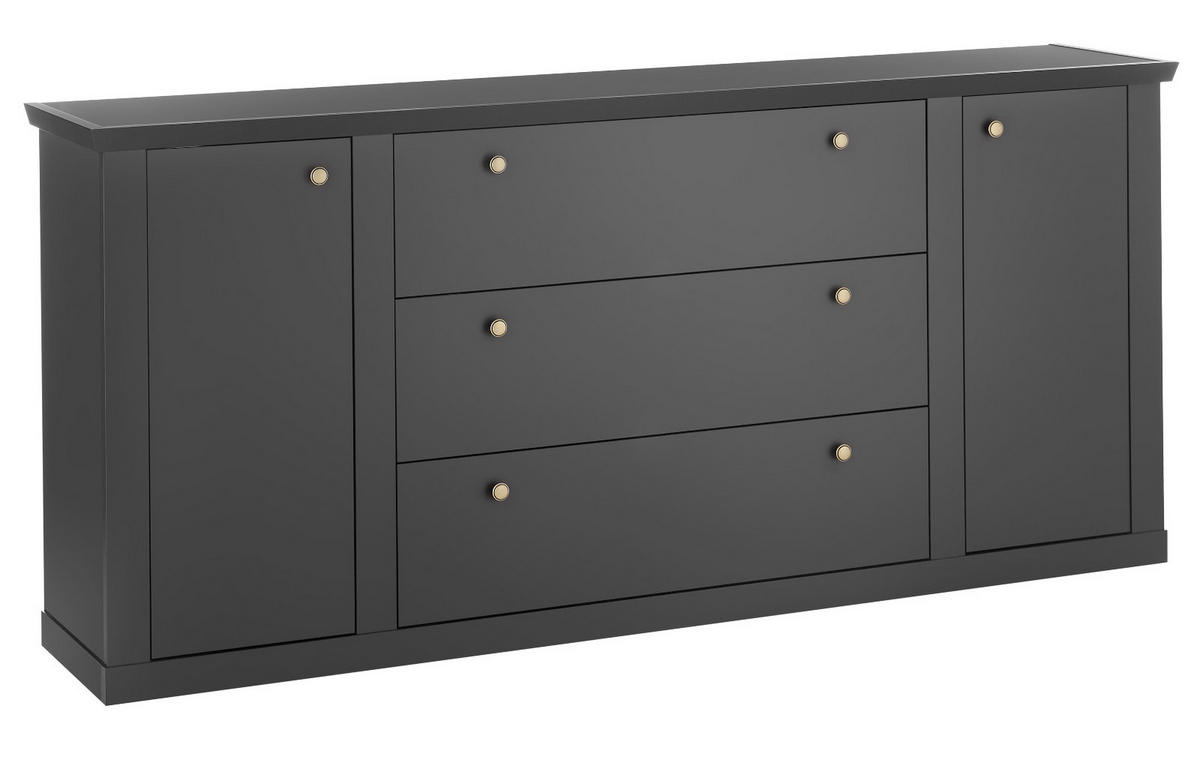 SIDEBOARD schwarz matt, Eiche Landhaus 205 cm, Kommode mit Soft-Close - Eichefarben/Messingfarben, Holzwerkstoff/Metall (205/92/42cm) - Furn.Design