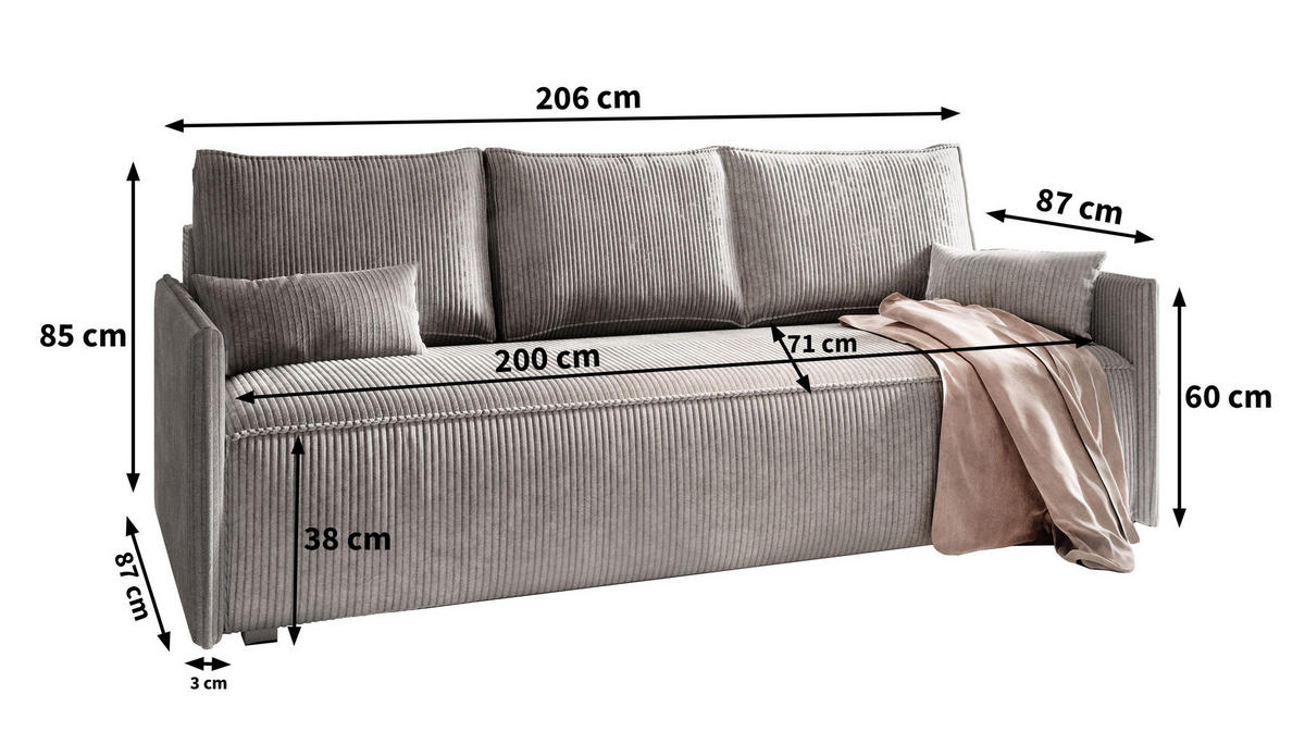 BETTSOFA MESTOR Gelb Kordstoff mit Schlaffunktion - Gelb, Textil (206/83/87cm) - MASSENO