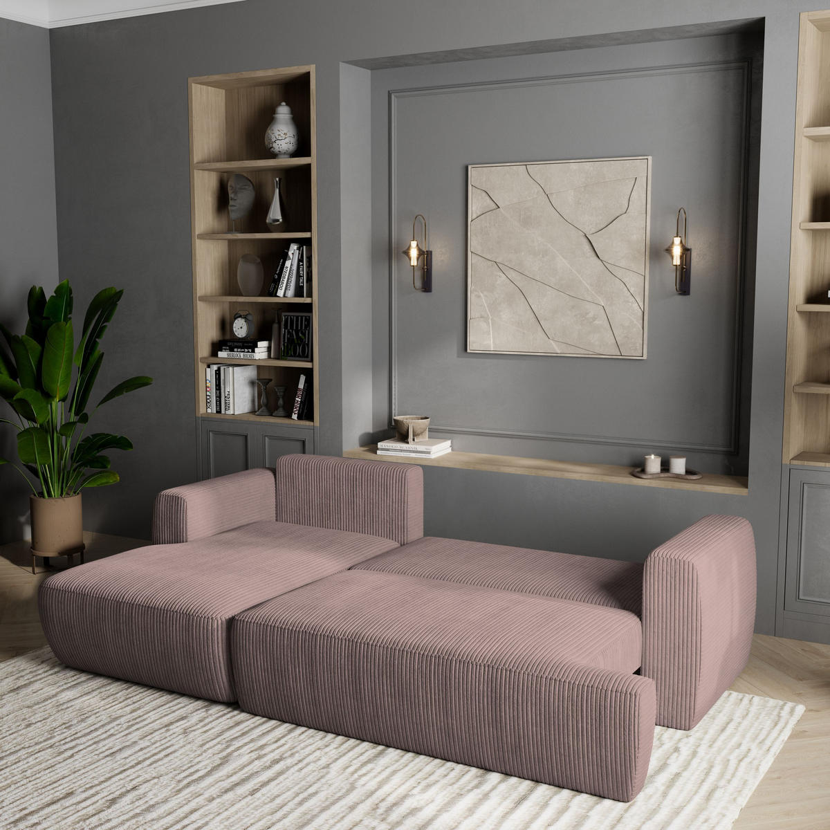 ECKSOFA SENTI P L-S Lila Kordstoff mit Schlaffunktion - Lila, Holz (246/148cm) - MASSENO