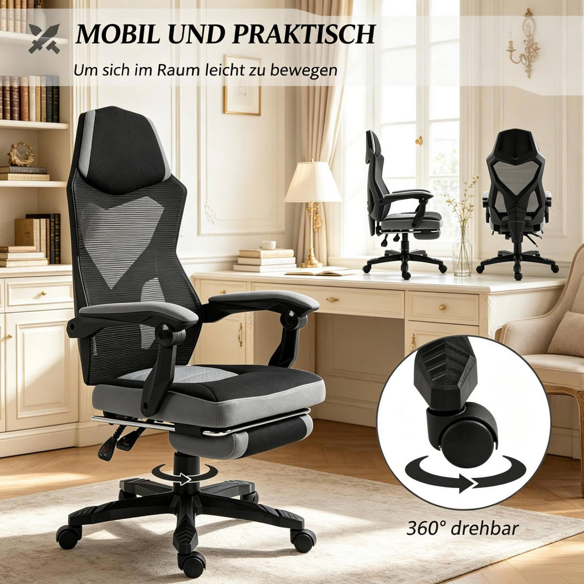 GAMING-BÜROSTUHL in Schwarz-Grau 63x58x122 cm mit verstellbarer Sitzhöhe und klappbarer Fußstütze - Schwarz, Kunststoff (58/122/63cm) - IVMEU