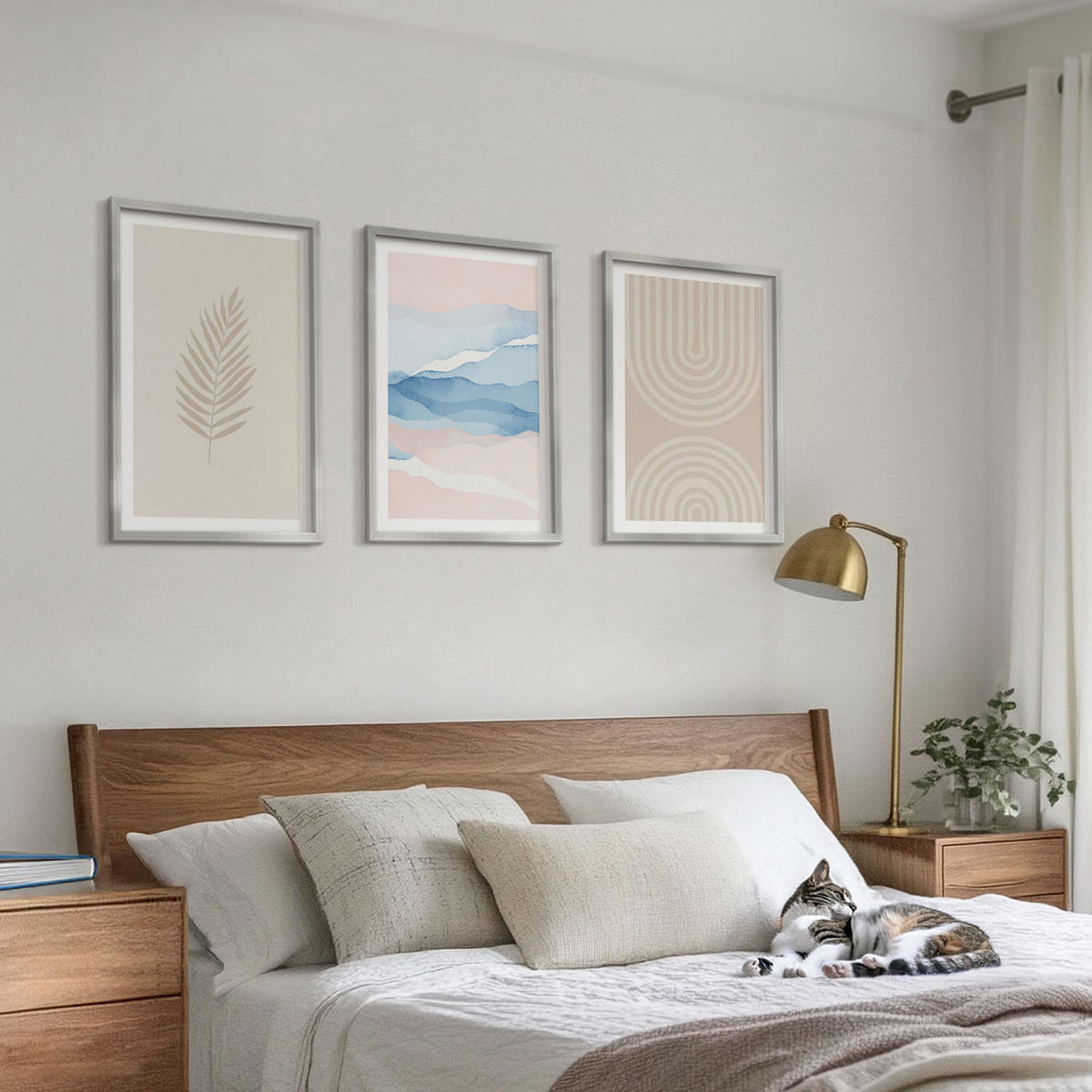 BILDER SET 3er Set - 40x60 cm Silberner Rahmen - Blätterwellen beige blau - Silberfarben, Kunststoff (40/60cm) - TULUP