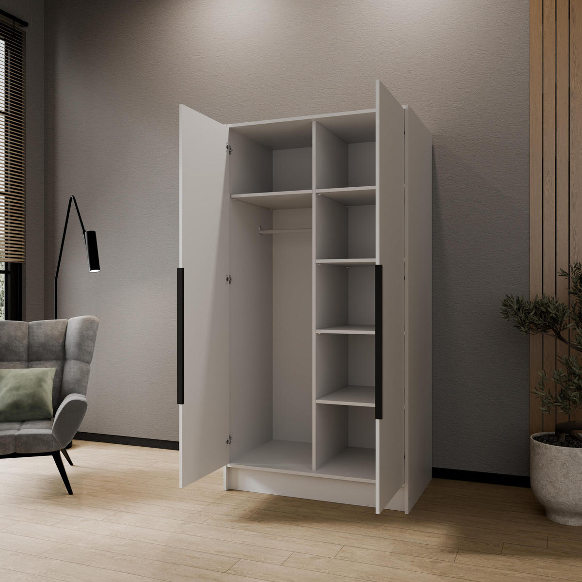 DREHTÜRENSCHRANK RENVO 102/200/51 cm Modern Kleiderschrank 2-türig mit Spiegel Weiß - Weiß, Holzwerkstoff (102/200/51cm) - MASSENO