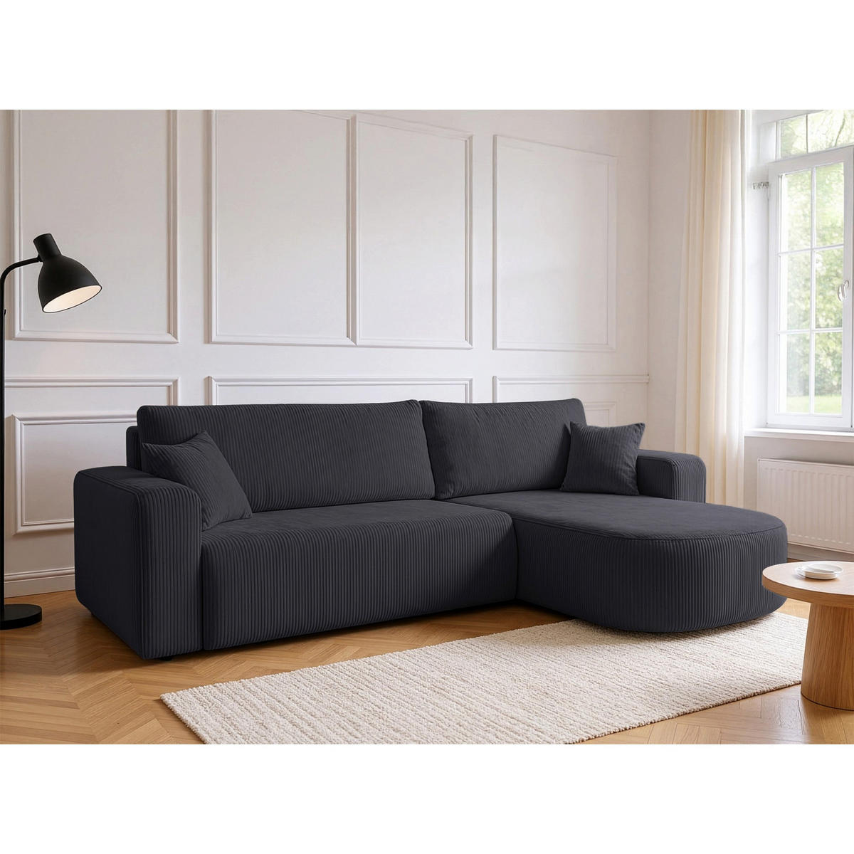 ECKSOFA mit Schlaffunktion Teeo L-Form universal mit Bettkasten Grau Cord - Schwarz/Grau, Kunststoff/Textil (275/170cm) - Homebook