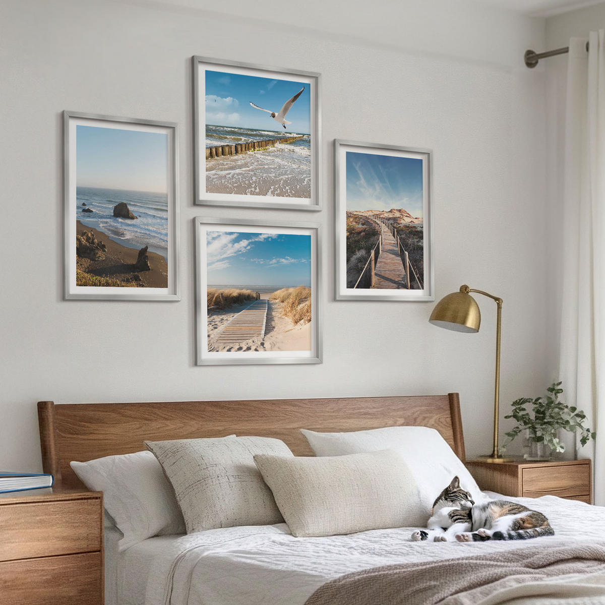 BILDER SET 4er Set - 50x50 cm & 40x60 cm Silberner Rahmen - Strandwellen, Himmelsbrücke, Spaziergang - Silberfarben, Kunststoff (50/50cm) - TULUP