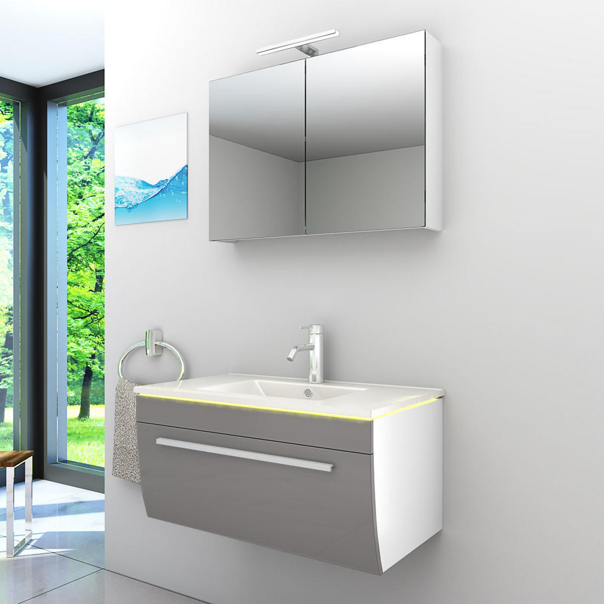 BADMÖBEL Set Gently 3 V1 Weiß/Grau MDF Waschtisch 80cm ohne LED-Beleuchtung - Grau, Glas/Kunststoff (46/52/60cm) - AcquaVapore by Sandra Jentho