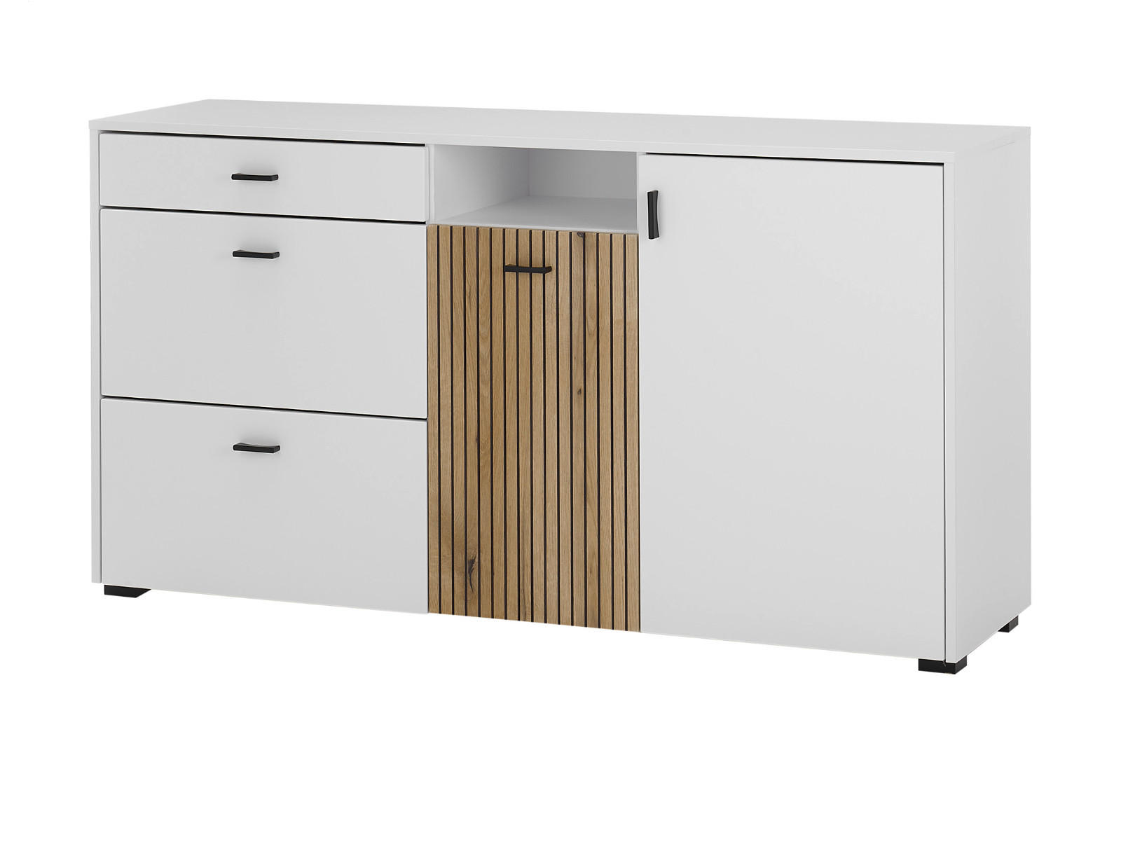 SIDEBOARD weiß matt, Eiche 150 cm, Kommode mit Soft-Close-Funktion - Eichefarben/Schwarz, Holzwerkstoff/Kunststoff (150/80/42cm) - Furn.Design