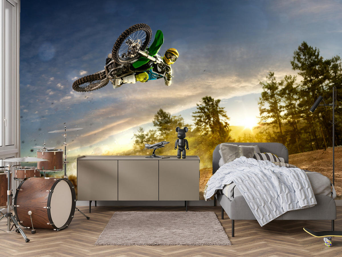 FOTOTAPETE für Jugendzimmer Motocross Sprung Berge Bäume 500x350 - Gelb/Beige, Papier (500/350cm) - Muralo