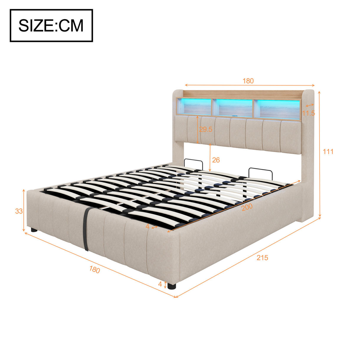 POLSTERBETT 180/200 cm mit LED-Beleuchtung, USB-C, Stauraum und hydraulischem Bettkasten, Beige - Beige, Textil (180/200cm) - Redom