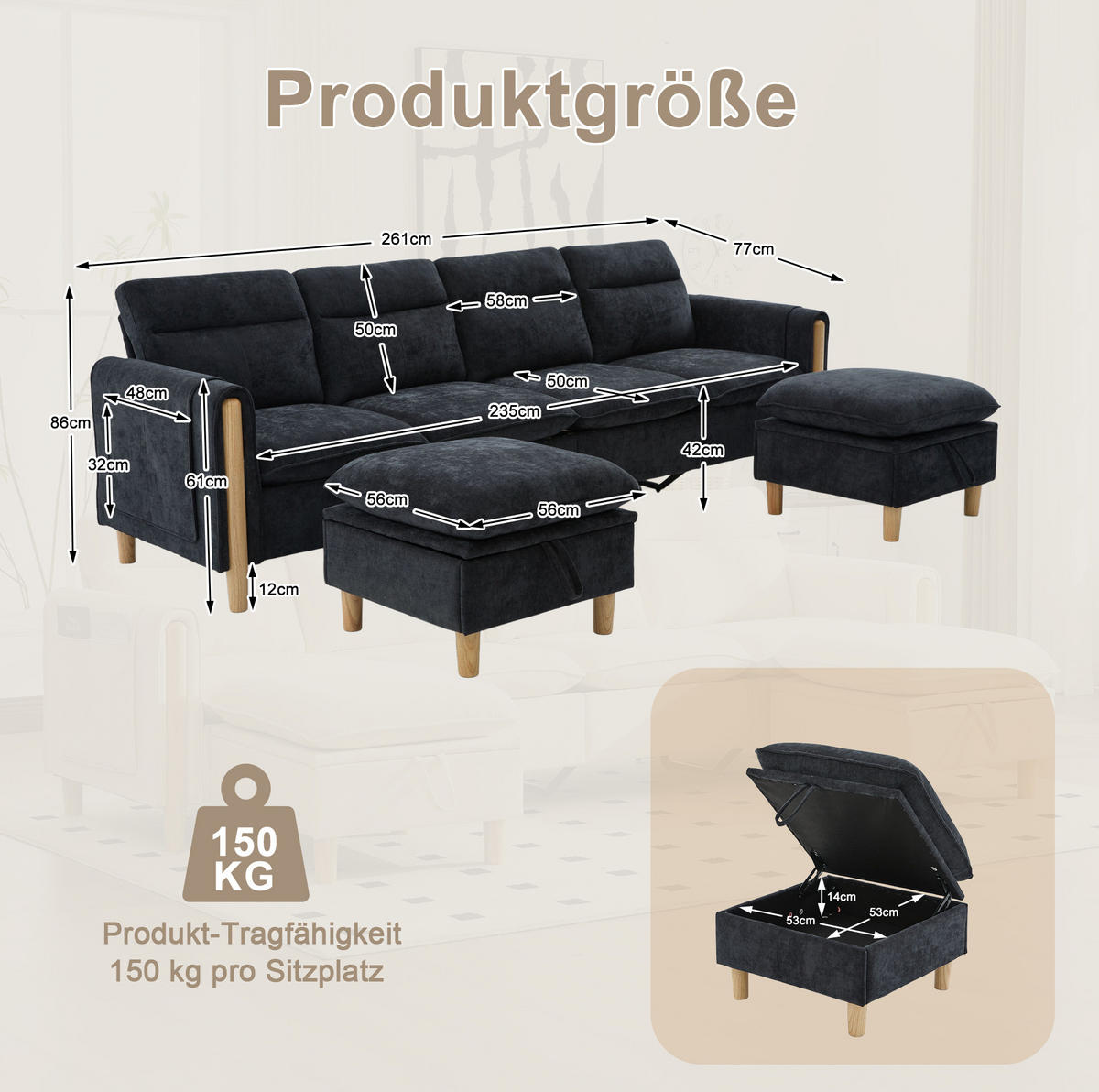 SOFA 261/77/86 cm in Schwarz aus Chenille mit 2 Hockern und Stauraum - Schwarz, Textil (77/86/261cm) - Flora Grace
