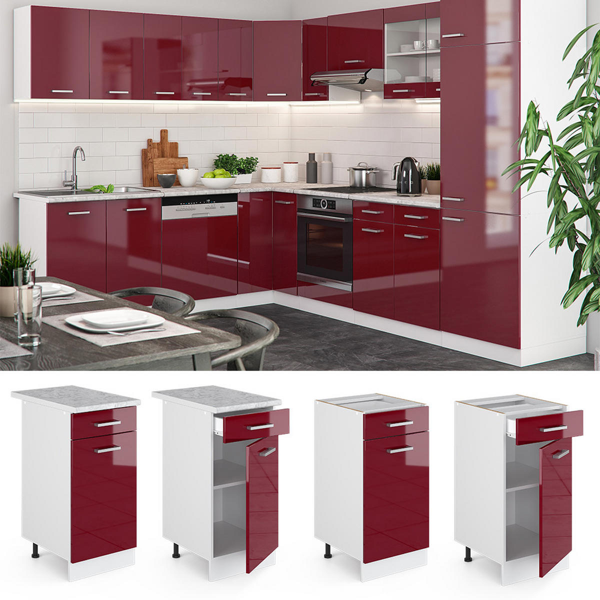 KÜCHENUNTERSCHRANK R-Line Rot Hochglanz 40 cm ohne Arbeitsplatte - Rot/Weiß, Holzwerkstoff (40/81.6/46cm) - Vicco