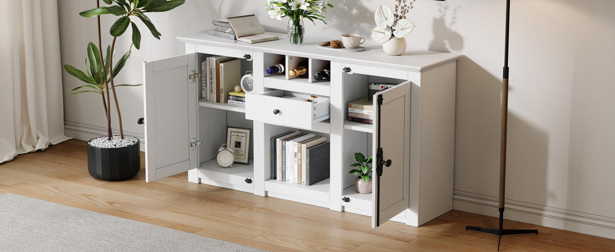 SIDEBOARD 130/35/70 cm, Weiß mit 2 Türen, 1 Schublade und 3 Weinfächern, Weiß - Weiß, Holzwerkstoff (130/70/35cm) - Redom