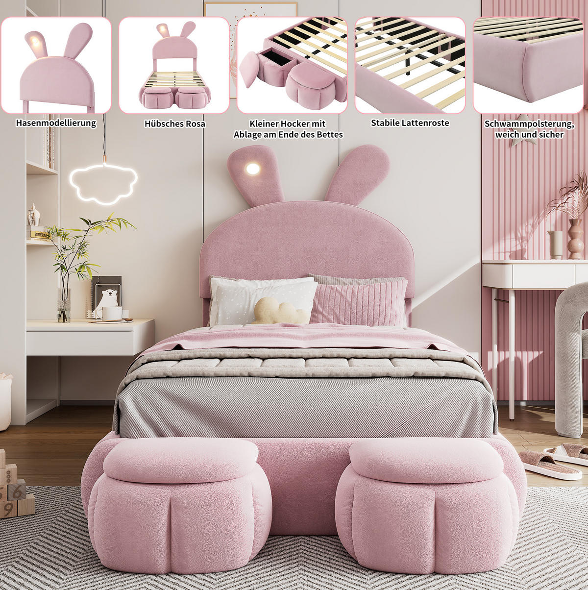 POLSTERBETT 90/200 cm Rosa Hasenohren mit LED-Beleuchtung und Aufbewahrungshockern - Rosa, Textil (90/200cm) - OKWISH