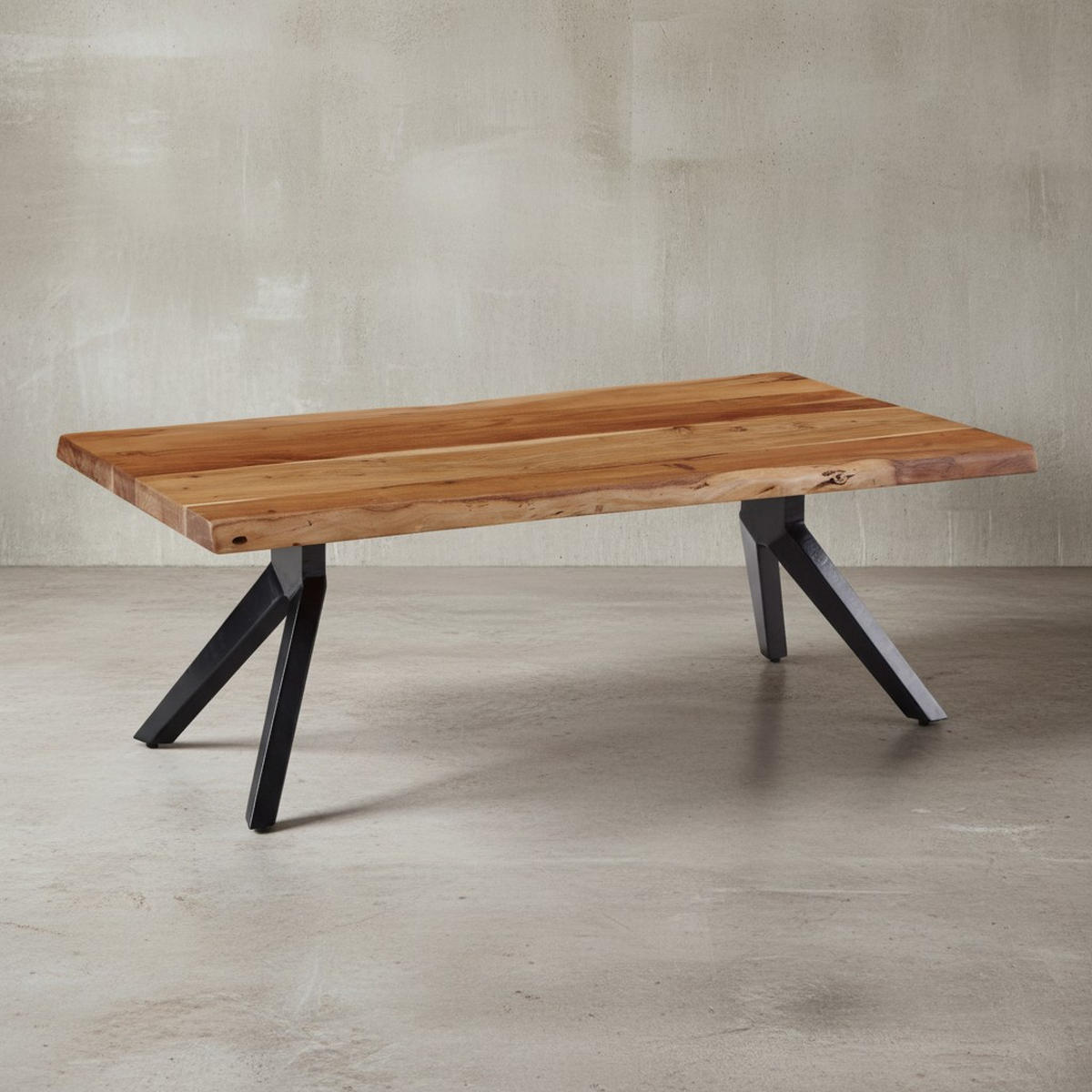 COUCHTISCH in Natur, Massivholz Akazie, Baumkante, pulverbeschichteter Edelstahl, Unikat - Beige/Schwarz, Holz/Metall (64/115/37cm) - KADIMA DESIGN