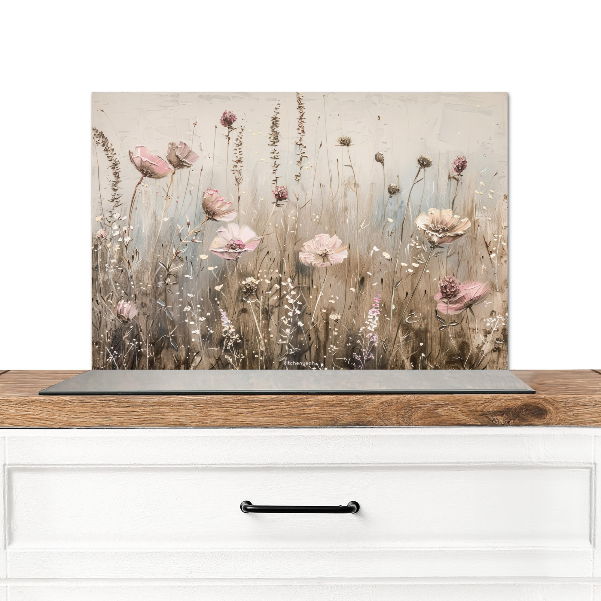 SPRITZSCHUTZ KÜCHE Blumen - Beige - Trockenblumen 70x50 cm - Beige, Metall (70/0.3/50cm) - MuchoWow