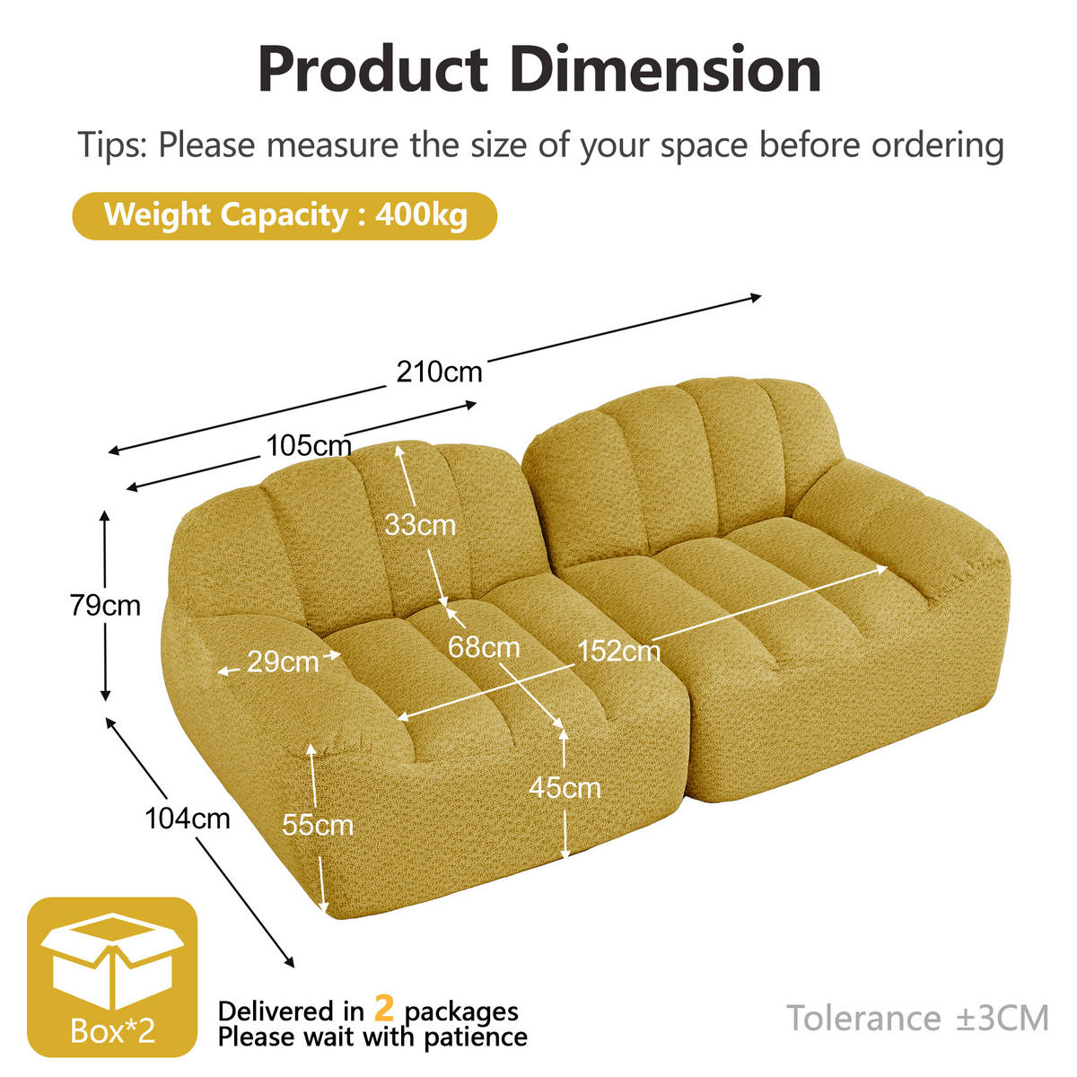 2-SITZER SOFA aus granuliertem Fleece, frameless in Muschelform ohne Montage - Gelb, Textil (210/79/104cm) - Urban Meuble