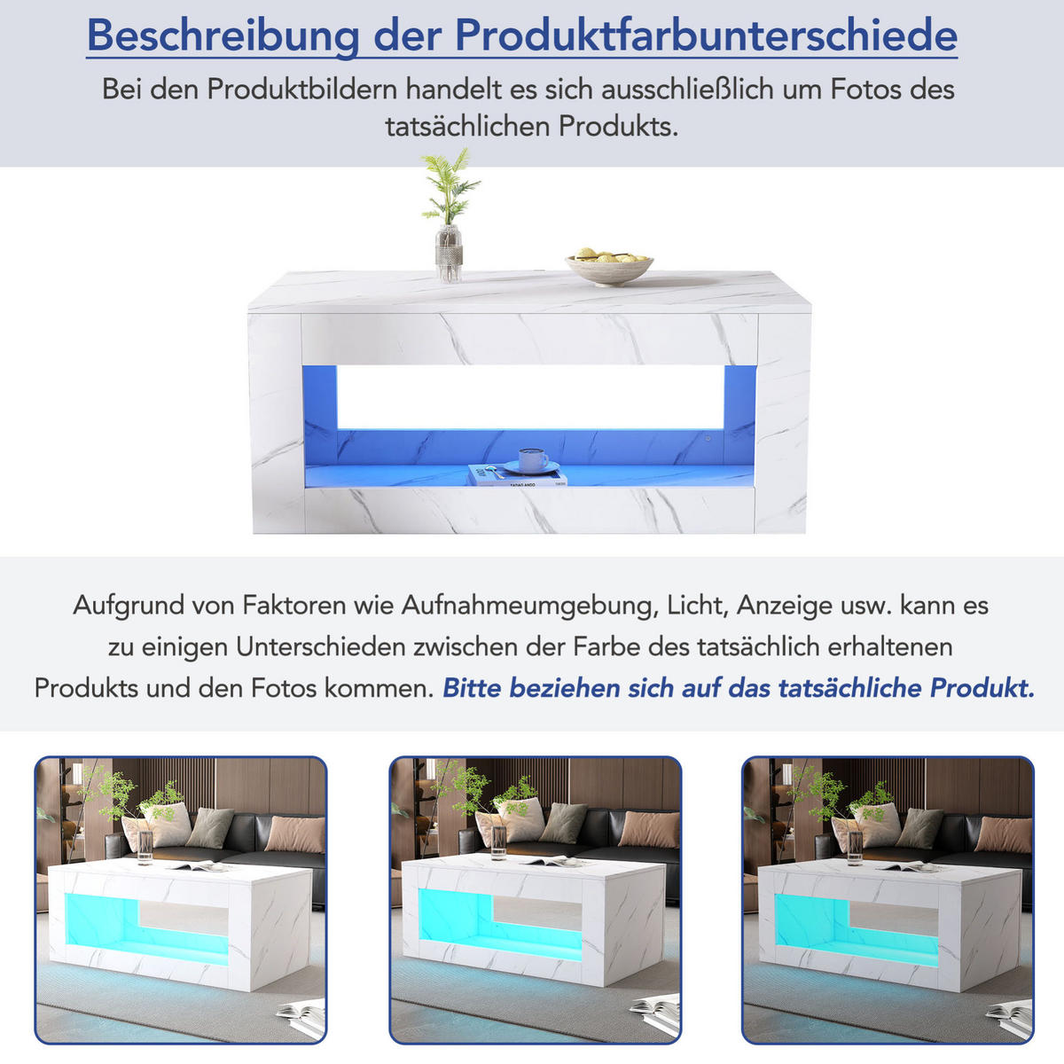 COUCHTISCH 100/50/50 cm mit USB-LED-Beleuchtung, Hochglanz und Marmordekor, Weiß - Weiß, Holzwerkstoff (100/50/50cm) - Redom