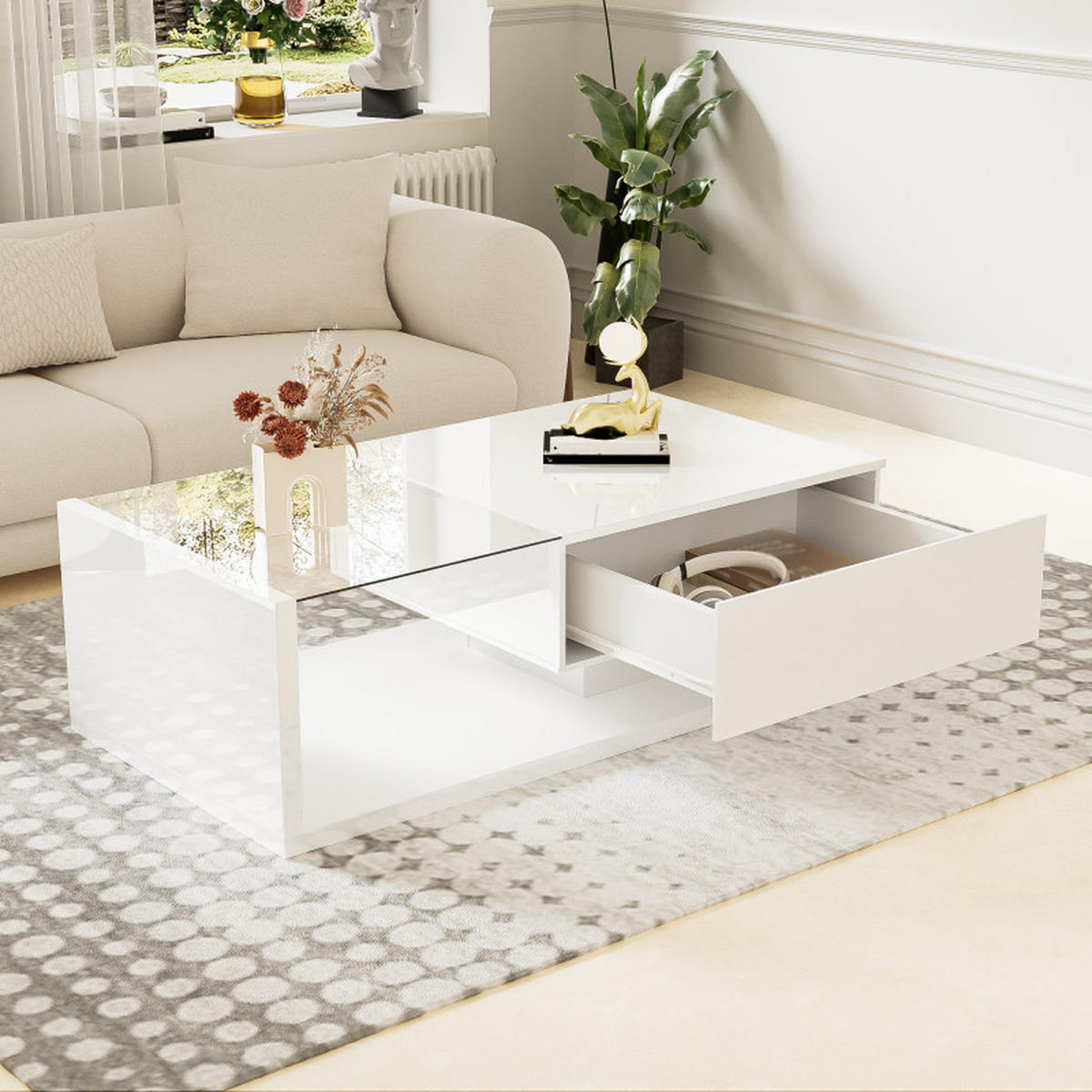 COUCHTISCH Weiß Hochglanz 105x55x32 cm, Glasplatte, Ablagefach, Modern - Weiß, Holz (55/105/32cm) - PARAFTA HOME