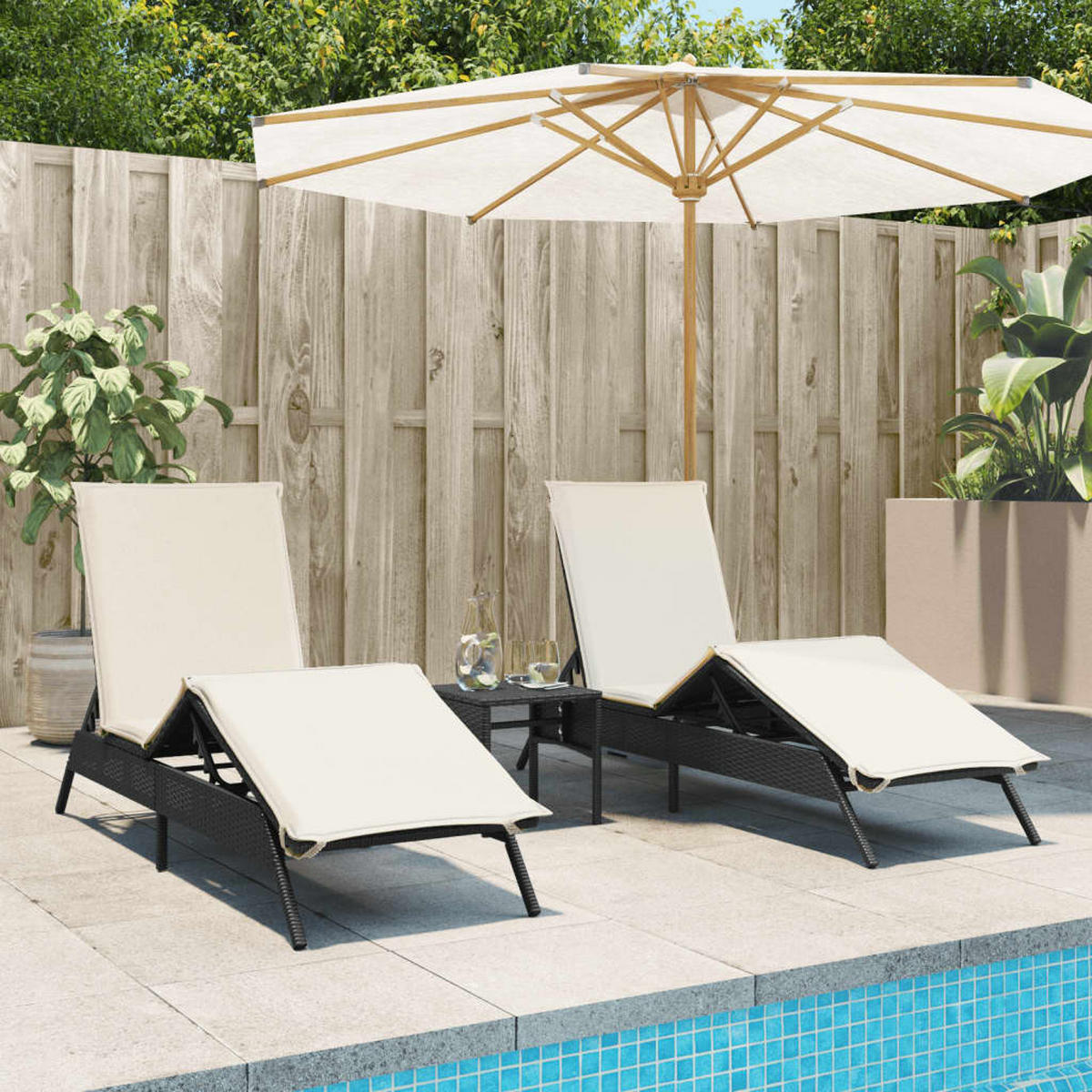 SONNENLIEGEN Mit Auflagen 2 Stk. Schwarz Poly Rattan - Schwarz, Kunststoff (59/85/200cm) - vidaXL