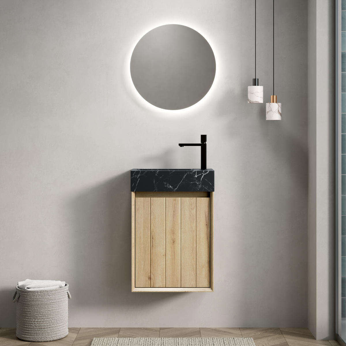 WASCHTISCH 40 cm hängend – Badezimmermöbel mit schwarzem Marmor Waschbecken, Unterschrank mit Tür, vormontiert, Eiche Weiß Holzoptik - Weiß, Holz (22/58/40cm) - Ej. Life