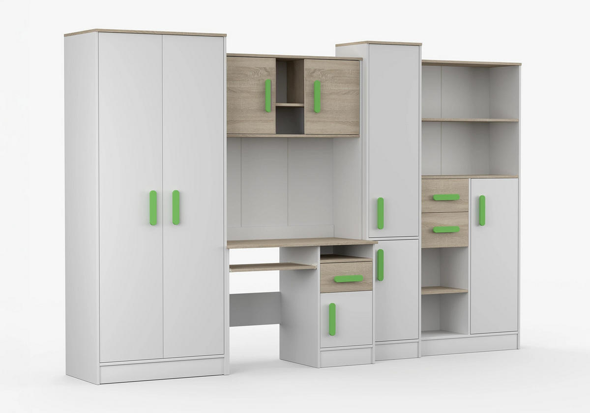 JUGENDZIMMER Wohnwand Colorino in Weiß und Eiche Sonoma – mit Limettenfarbenen Griffen 5 teilig - Kinderzimmer Komplett - Weiß, Holzwerkstoff (80/200/120cm)