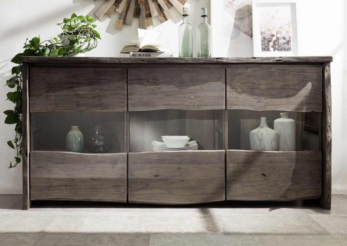 SIDEBOARD Akazie 191x45x96 grau lackiert PURE ACACIA #908 - Grau, Holz (191/96/45cm) - Massivmoebel24