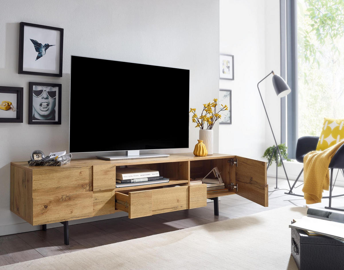 LOWBOARD Eiche-Dekor Modern Stil mit Kachelmuster für Konsolen und DVDs - Schwarz/Braun, Holz/Metall (160/46/43cm) - KADIMA DESIGN