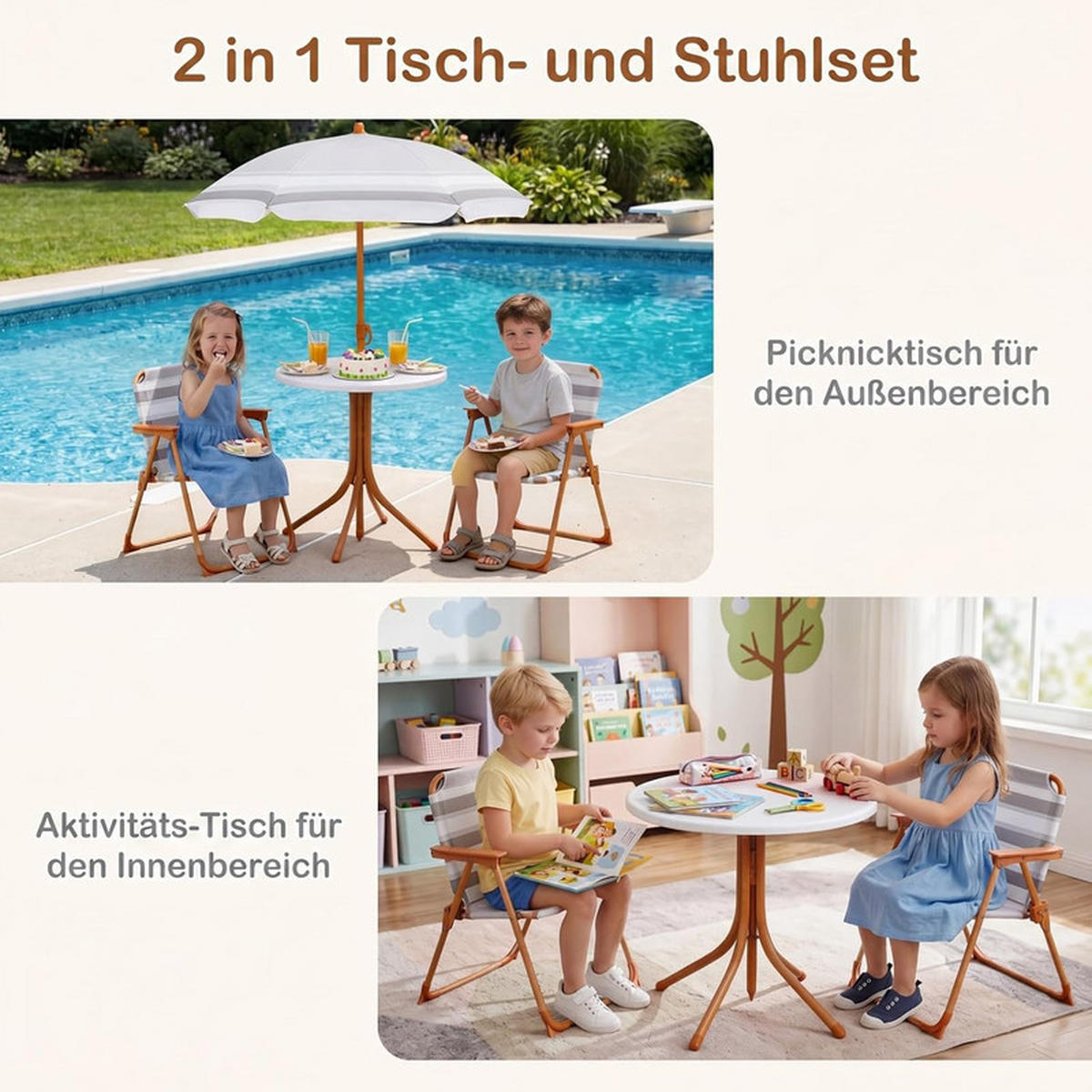KINDER-SITZGRUPPE mit Sonnenschirm natur(4-tlg) - Naturfarben, Metall - COSTWAY