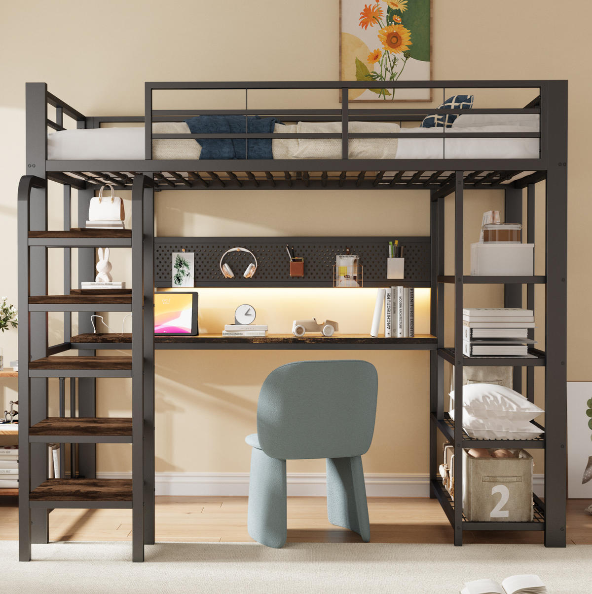 HOCHBETT 90/200 cm aus Metall und Holz mit LED-Beleuchtung und Schreibtisch Schwarz - Schwarz, Metall (90/200cm) - Modenvie