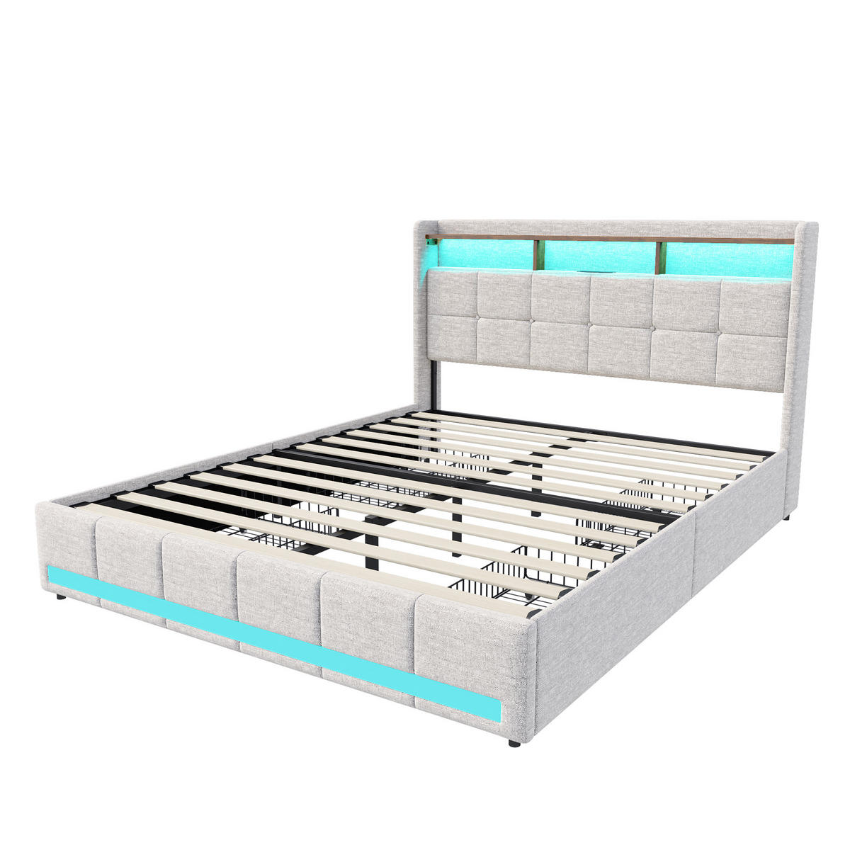 DOPPELBETT 140 x 190 cm mit verstellbarem RGB-LED-Kopfteil, USB-/Typ-C-Anschlüssen - Beige, Holzwerkstoff/Textil - WoodenAura