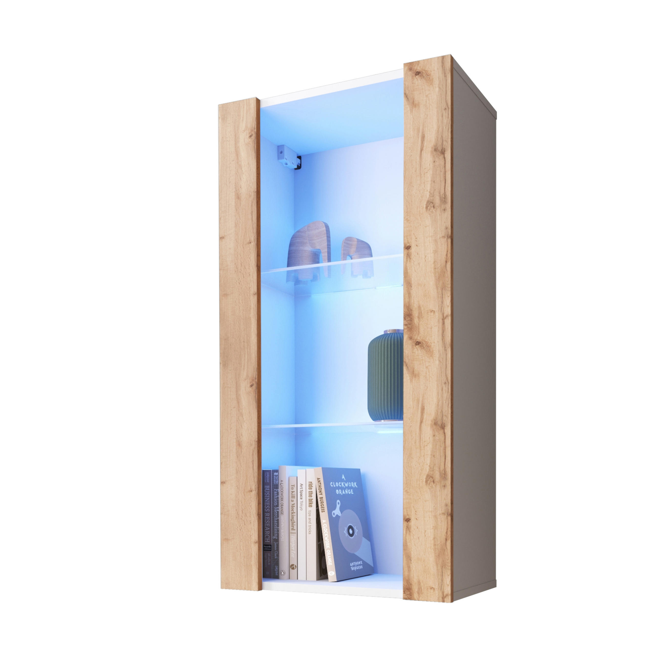 HÄNGEVITRINE TIVOLI Vertical 100, Wotan, LED Blau - Eiche Wotan/Weiß, Glas/Holzwerkstoff (50/100/29.5cm) - Komodee