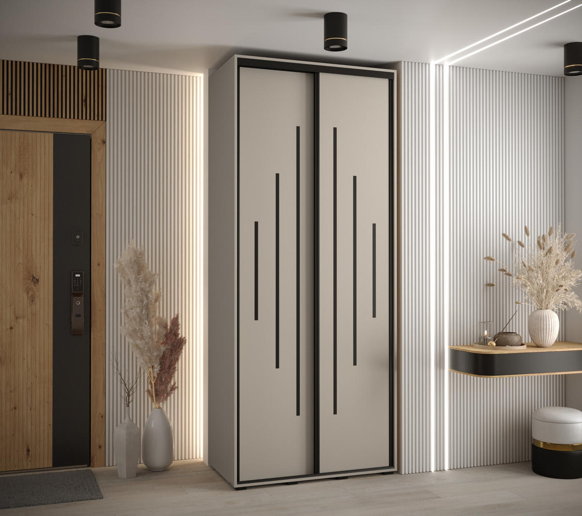 SCHWEBETÜRENSCHRANK 235,2/110/45 2-türig - Kaschmir/Schwarz, Holz/Metall (110/235.2/45cm) - MÖBEL KRYSPOL