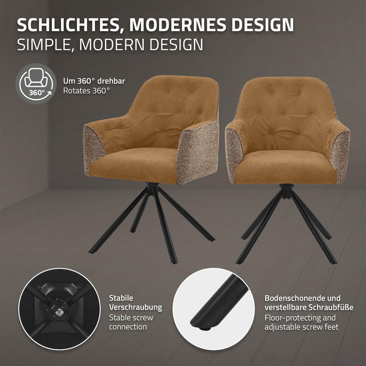 ESSZIMMERSTÜHLE 2er Set drehbar Küchenstühle gepolstert aus Webstoff-Kunstleder Braun - Schwarz/Braun, Textil/Metall (62/81/65cm) - ML-DESIGN