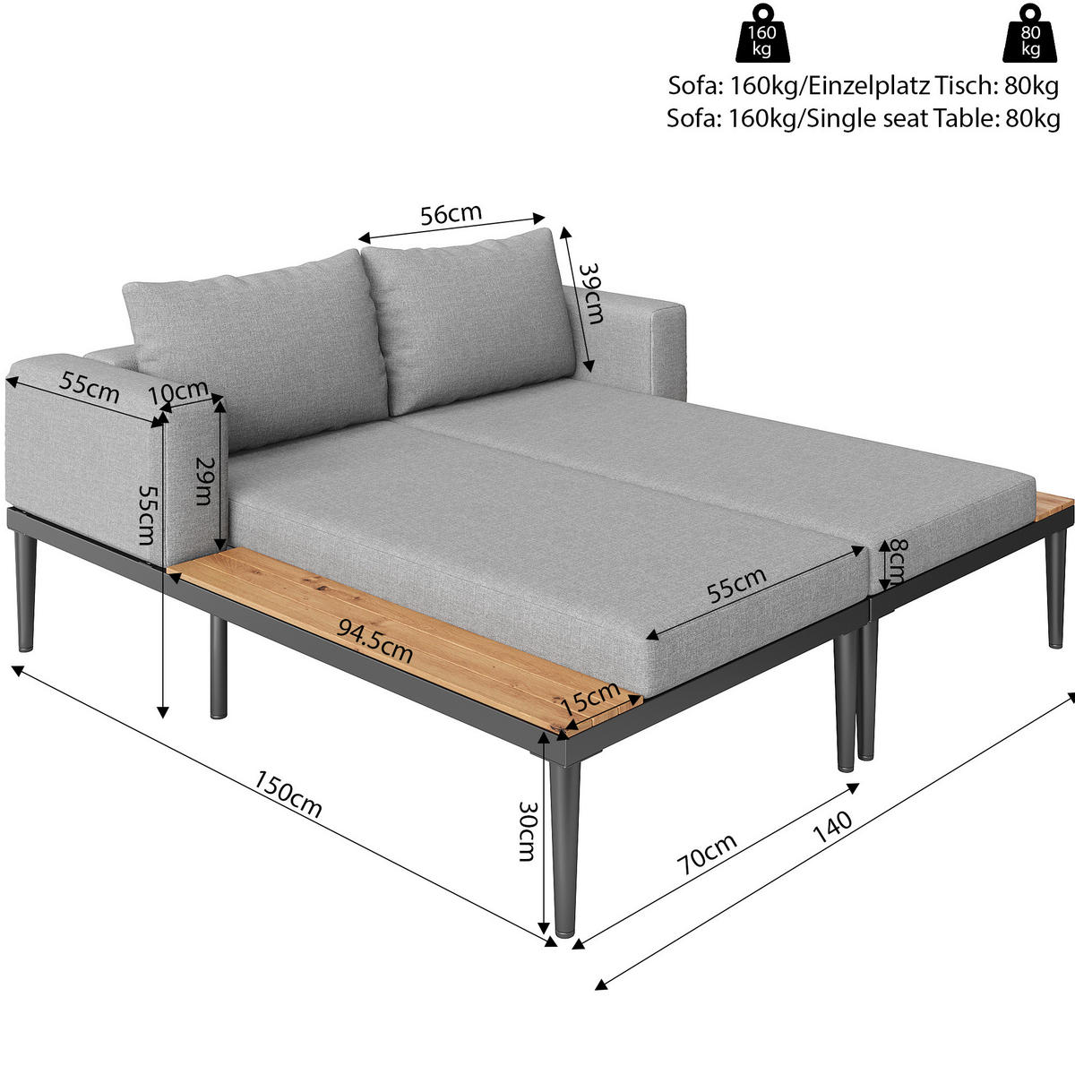 VENKOVNÍ rozkládací lehátko z kovu 150x140x30 cm šedé, voděodolný polyester, pro 2 osoby se stolky - šedá, kov (150/30/140cm) - Modfu