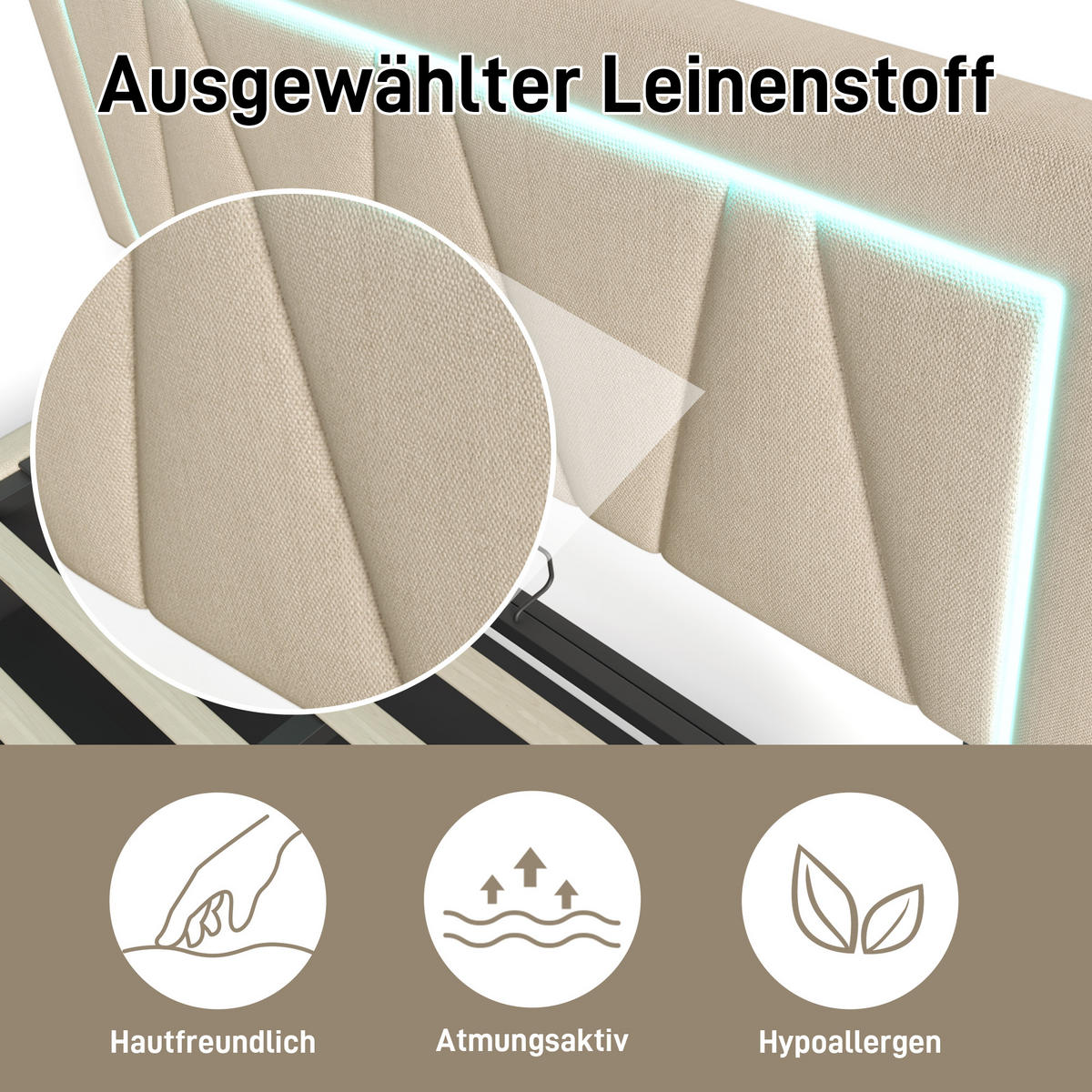 POLSTERBETT 160/200 cm in Beige Leinen mit Bettkasten, LED und USB - Beige, Holzwerkstoff/Textil (160/200cm) - WISHDOR