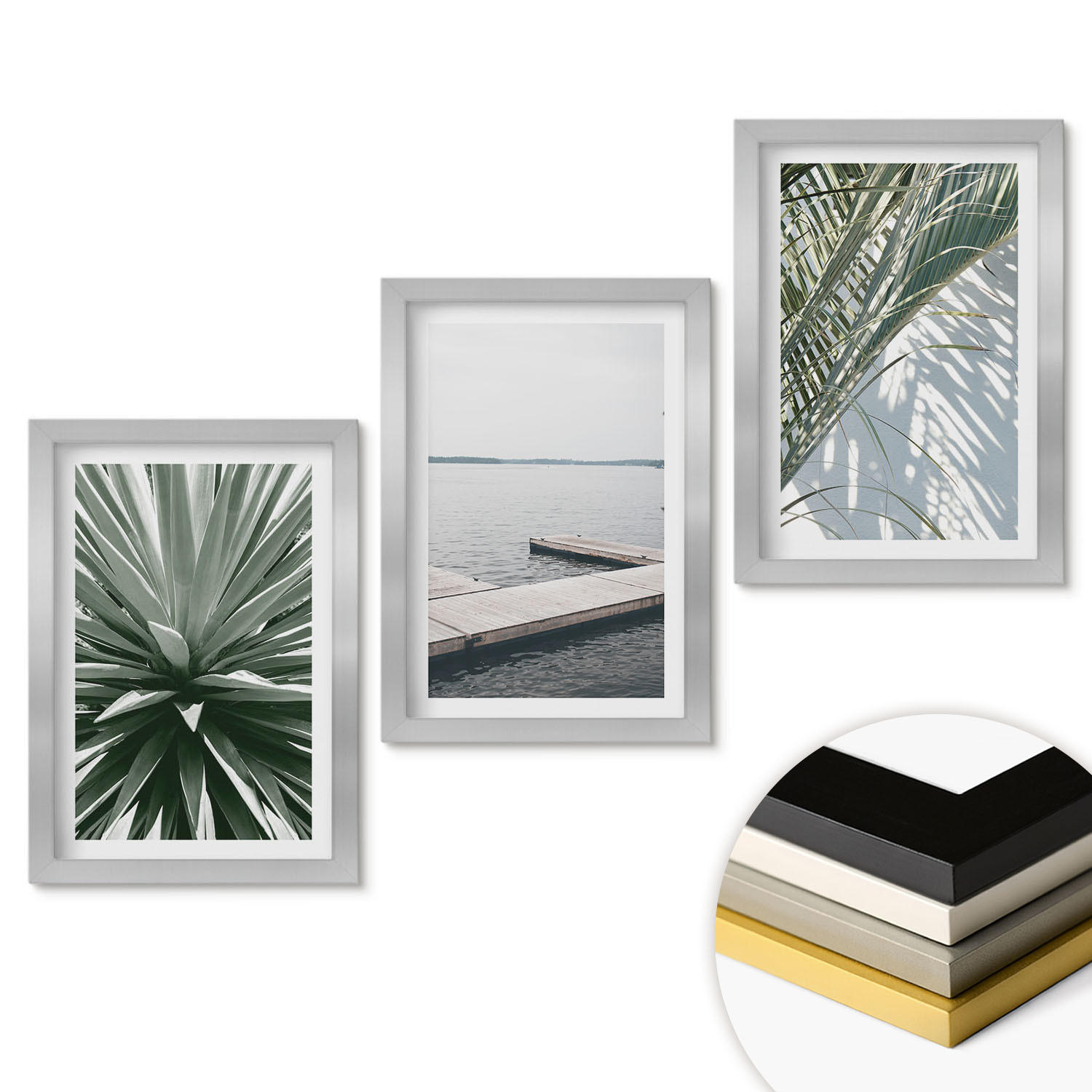 WANDBILDER 3er Set - 20x30 cm Silberner Rahmen - Palmenblätter-Holzbrücke - Silberfarben, Kunststoff (20/30cm) - ArtPrintCave
