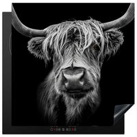 HERDABDECKPLATTE Schottischer Highlander - Hörner - Schwarz - Weiß - Kuh - Wild - Tiere Induktionsmatte 78x78 cm - Schwarz, Kunststoff (78/78/0.2cm) - MuchoWow