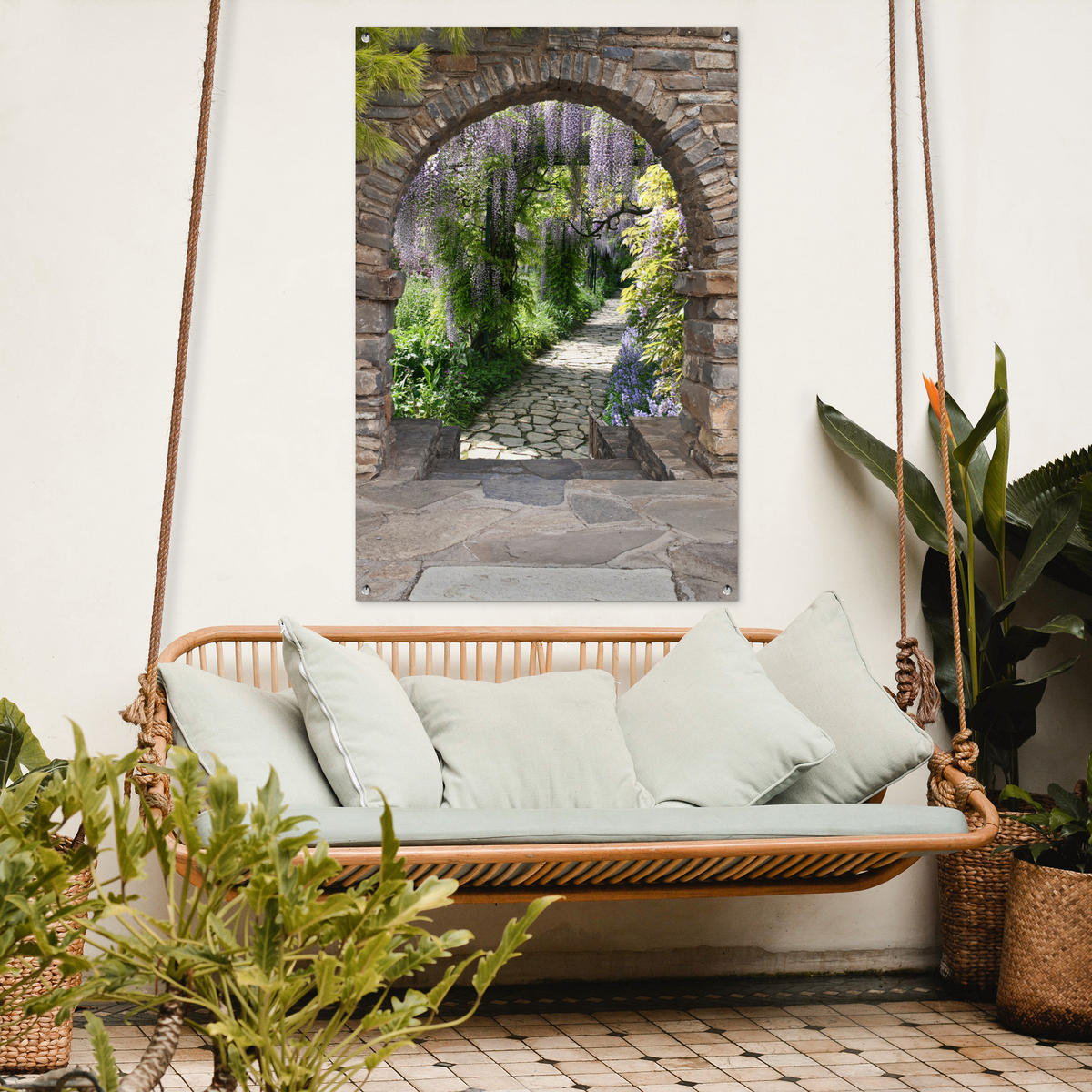 ZAHRADNÍ PLAKÁT Les - výhled - kameny - cesta 80x120 cm - šedohnědá, plast (80/120/0.2cm) - OnlyWow
