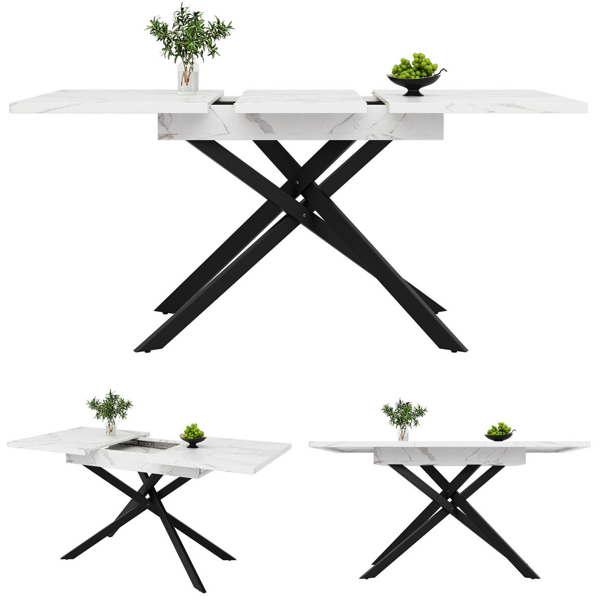 JEDÁLENSKÝ stôl 120-160/80/76,5 cm MDF biela/čierna, rozkladací - biela, kompozitné drevo (160/80/76.5cm) - BEAOK