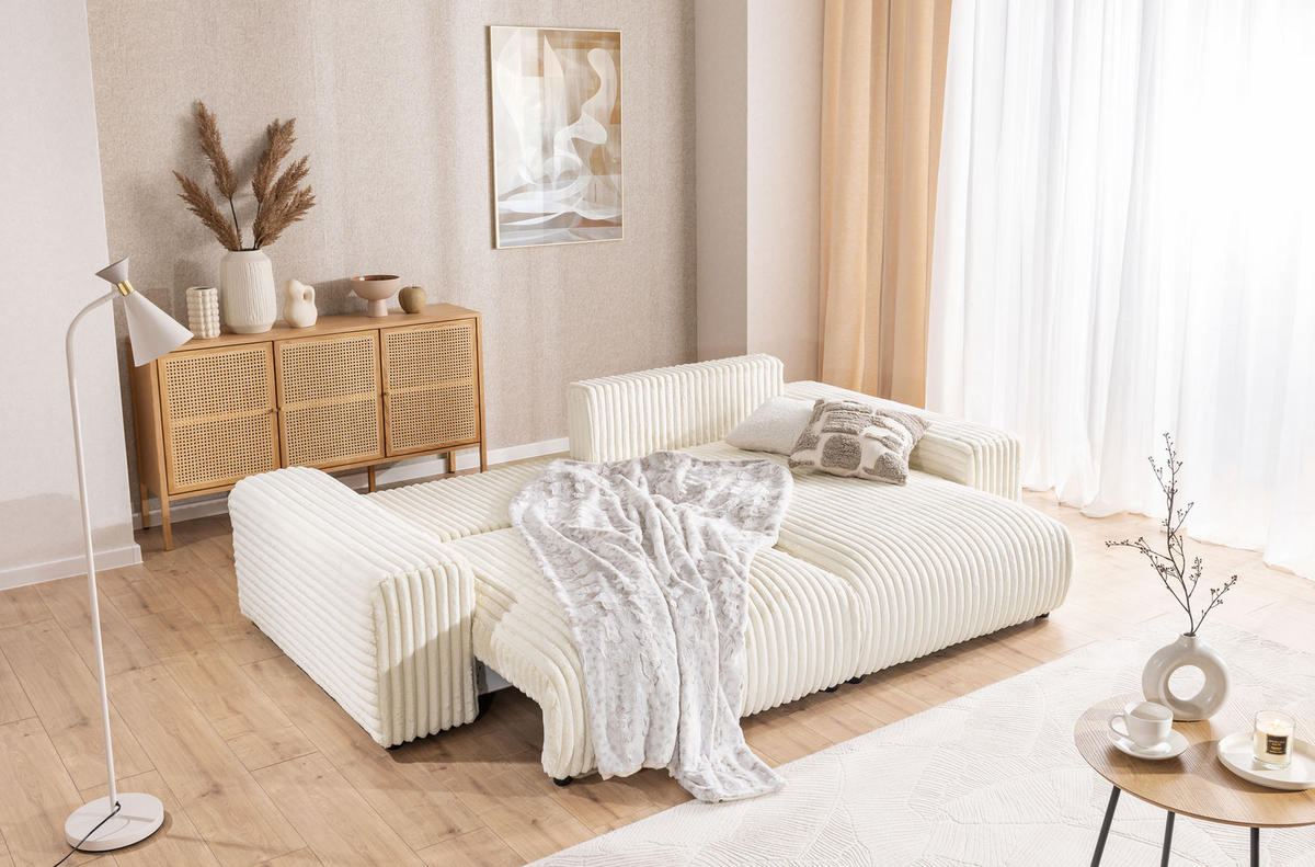 ECKSOFA Mollis Hellbeige Plüschcord - Ottomane Rechts - Beige/Schwarz, Holz/Kunststoff (255/168cm) - S-Style Möbel
